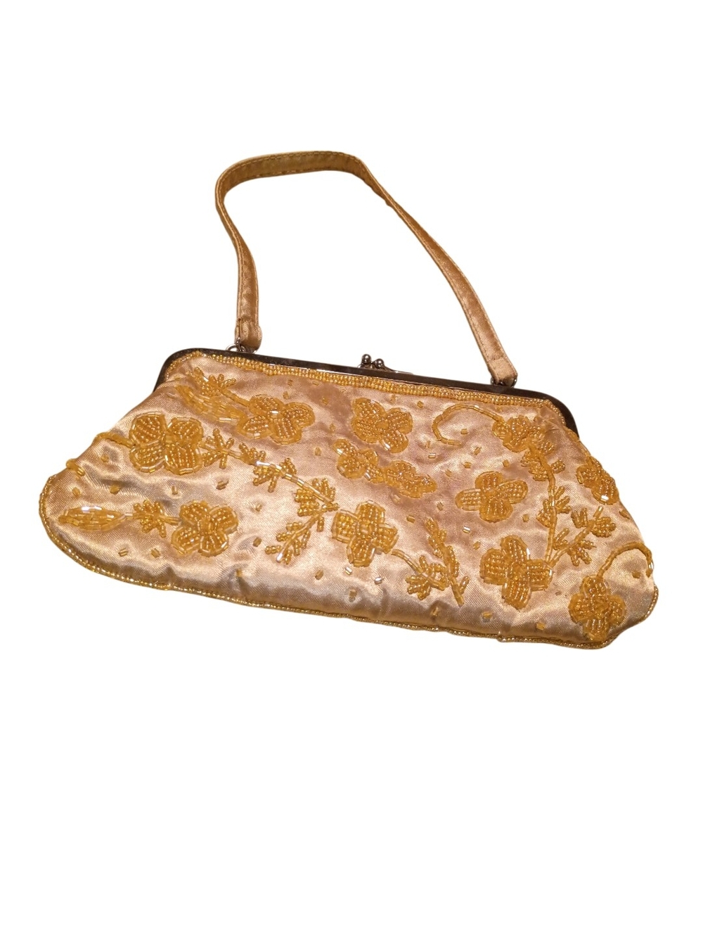 Gold Beaded Floral Evening Clutch Kiss Lock Good Vintage Condition